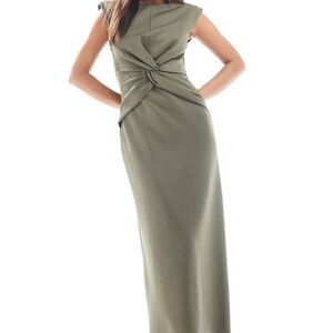 Elegant Twist Front Olive Green Midi Dress